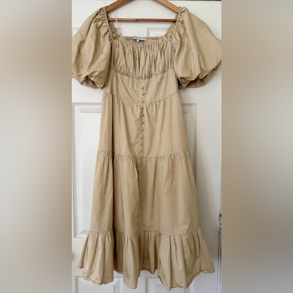 Elegant Beige Puff Sleeve Midi Dress